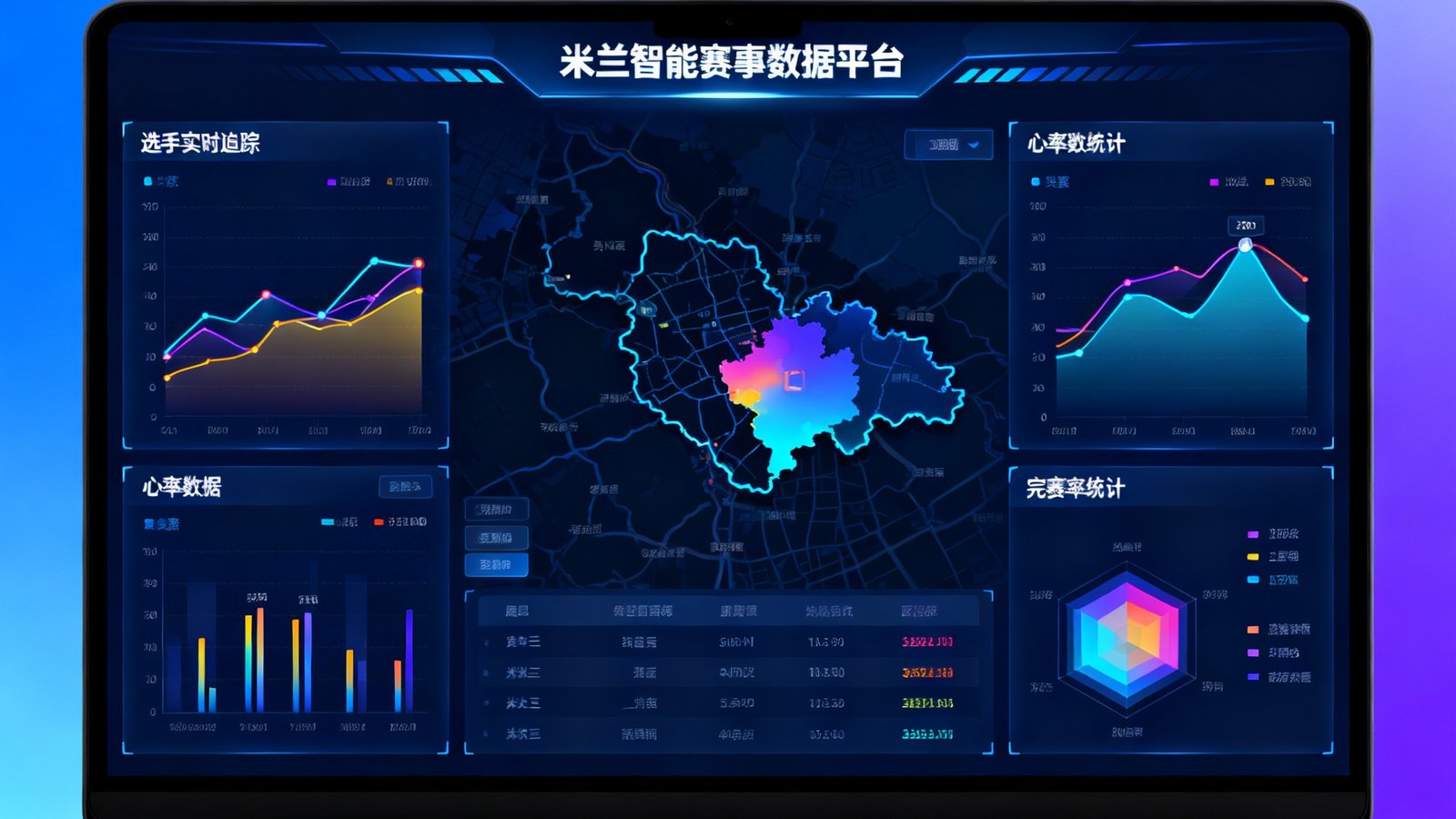 米兰自主研发的智能赛事数据平台界面，大屏幕上展示着选手实时追踪地图、心率数据和完赛率统计图表