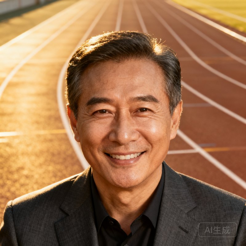 米兰体育创始人兼CEO，一位四十多岁的成熟男性，穿着深灰色西装微笑面对镜头，背景是体育场馆的跑道