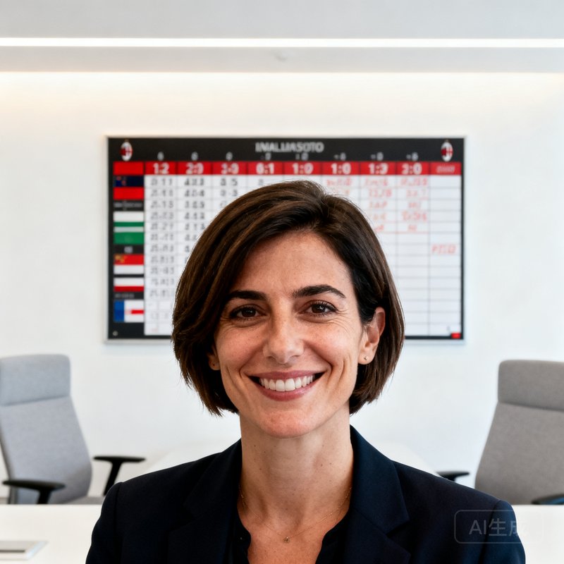 米兰体育首席运营官，一位干练的短发女性，在现代化办公室中自信微笑，身后是赛事时间表白板