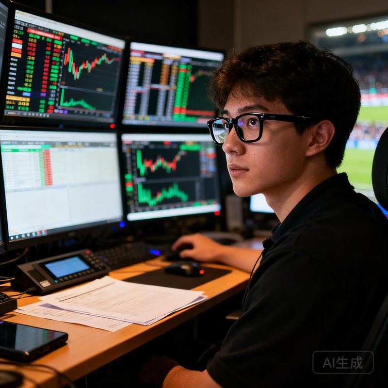 米兰体育技术总监，一位戴着黑框眼镜的年轻男性，坐在多屏幕工作台前专注地查看赛事数据系统